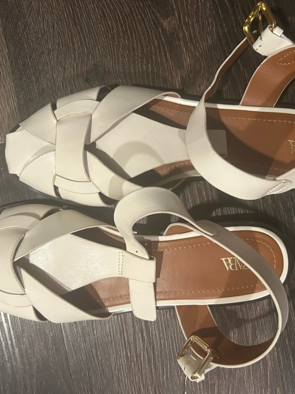 Zara White Woven Ankle-Strap Sandals with Gold Buckle